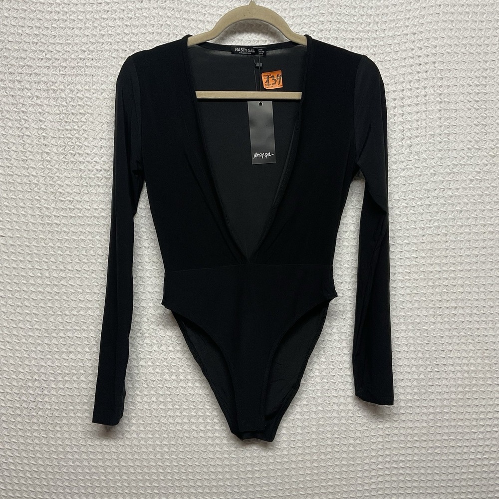 NWT Nasty Girl Body Suit Size 8 Black Long‎ Sleeve V-Neck Stretch